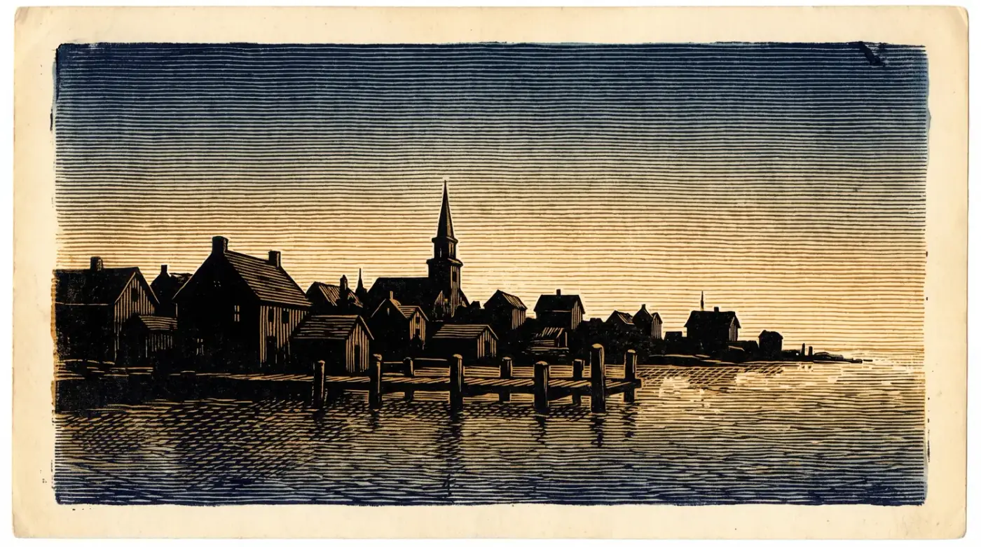 An engraved plate of a New England harbour town before dawn: rooftops and a church spire in silhouette above a wooden pier.